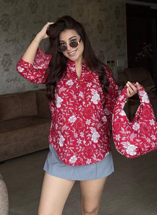 Indian Print Cotton Shirt With Bag