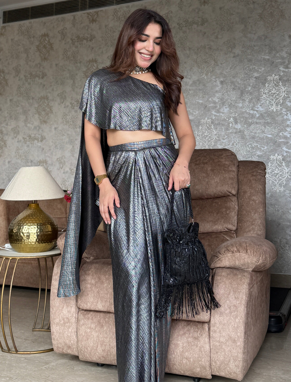 Metallic Pleated Skirt With Flared One Side Top