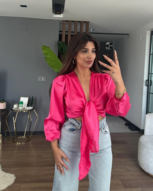 Hot Pink Satin Tie Knot Crop Top