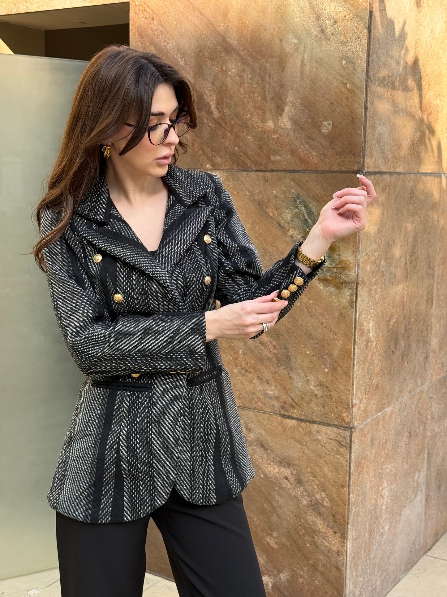 Tweed Long Sleeve Double Breasted Blazer