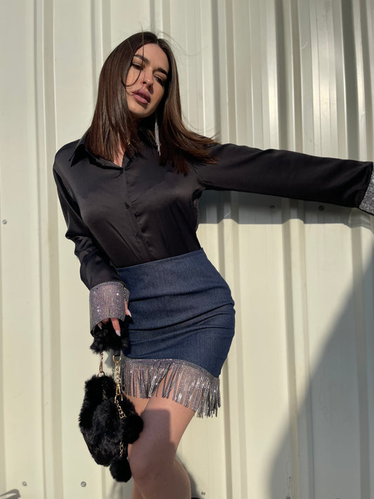 Combo Deal: Satin Black Rhinestone Shirt With Denim Skirt