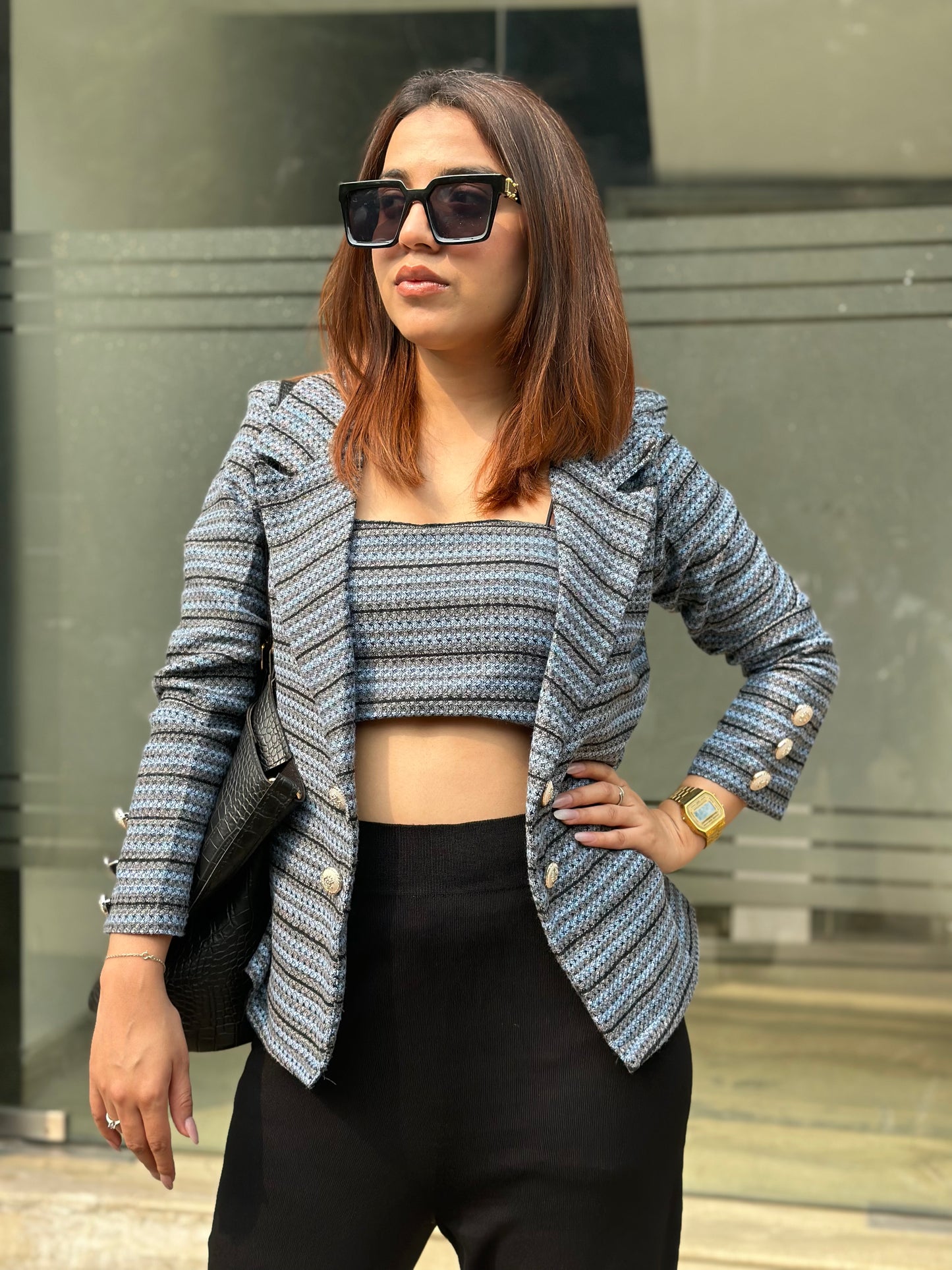 Tweed Open Blazer With Backless Top