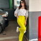 White Off-shoulder Shirt With Neon Yellow Pants