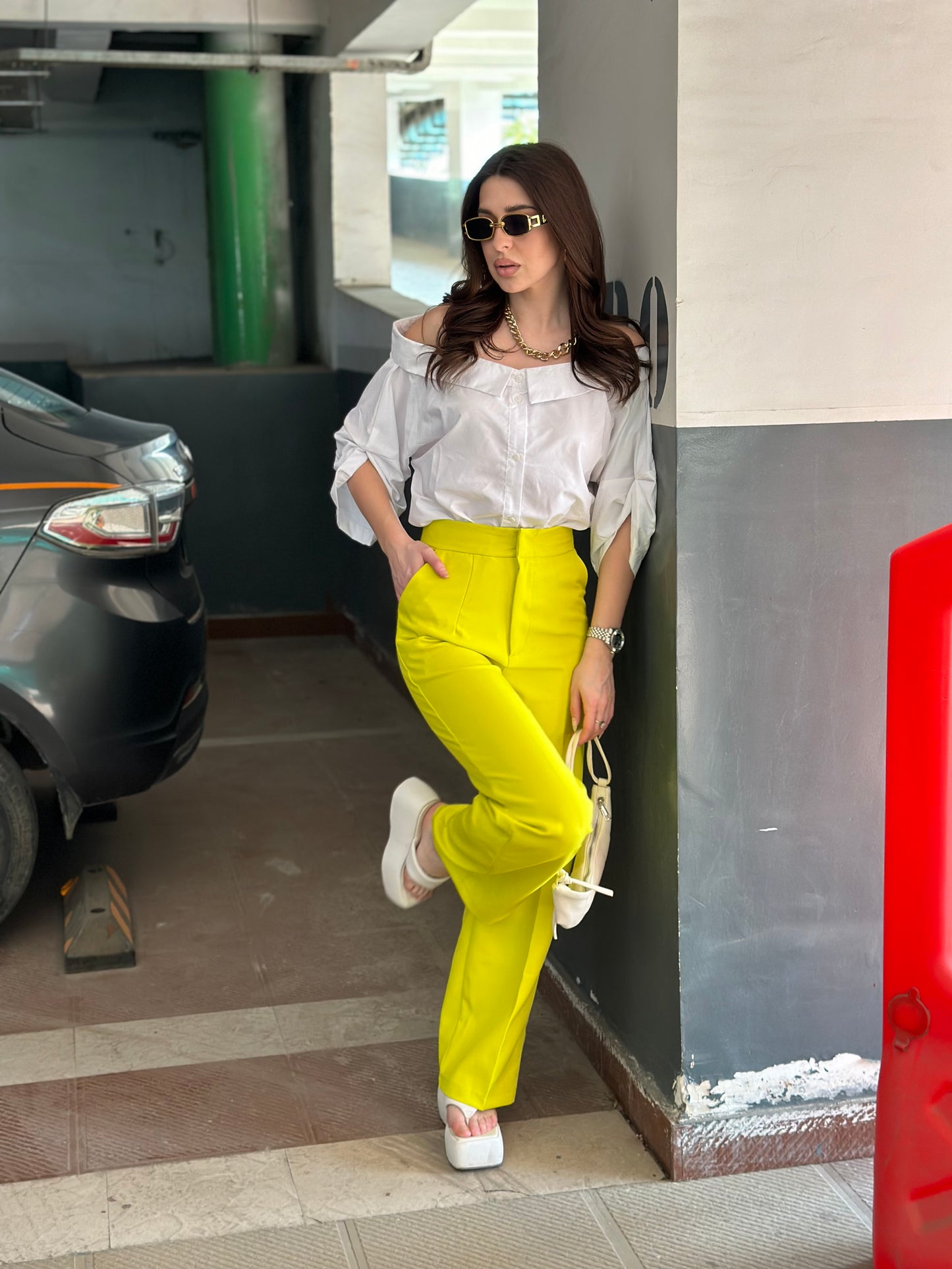 White Off-shoulder Shirt With Neon Yellow Pants