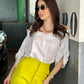 White Off-shoulder Shirt With Neon Yellow Pants