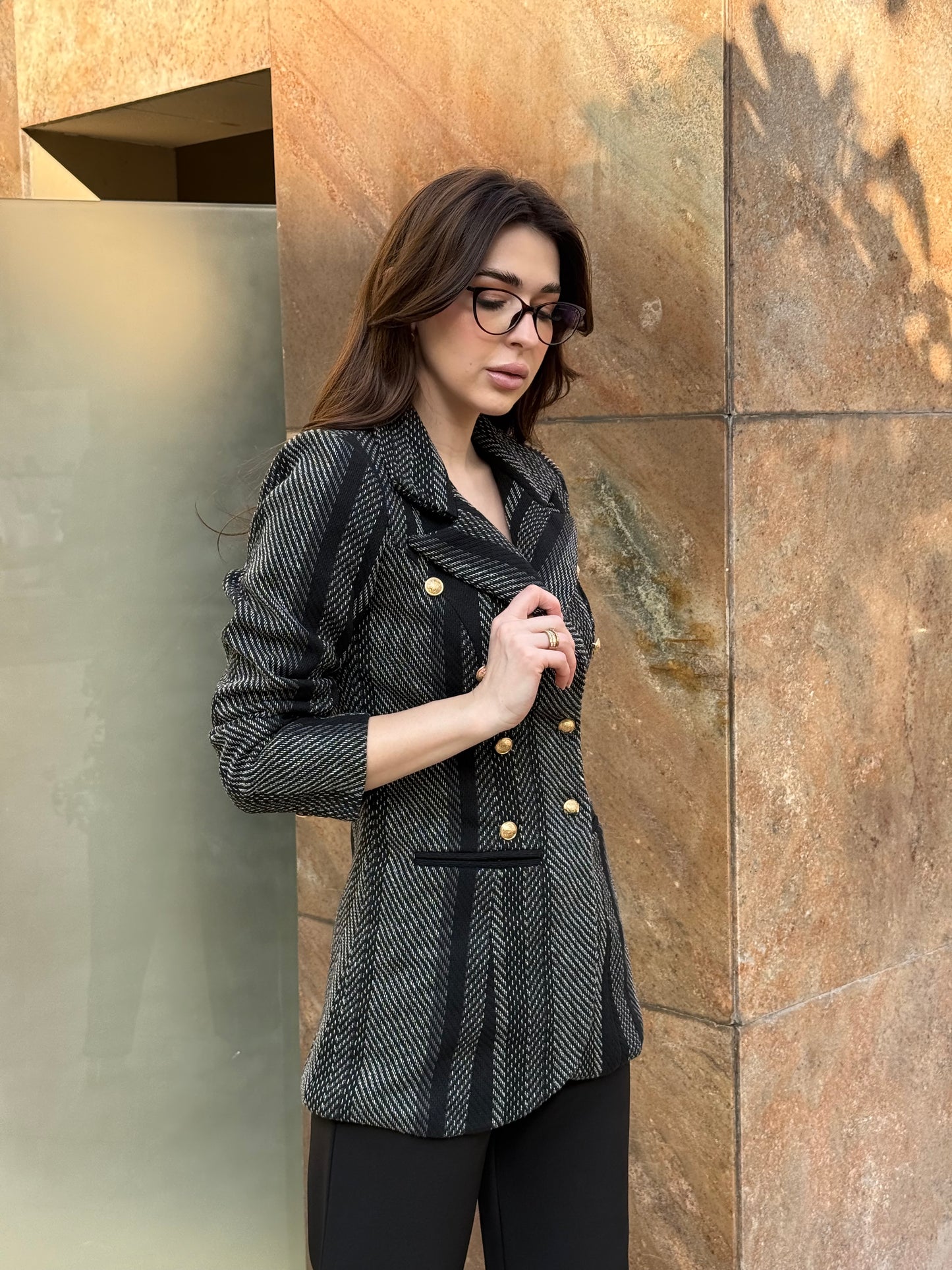 Tweed Long Sleeve Double Breasted Blazer
