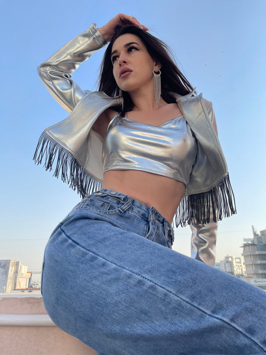 StyleAsh Silver Metallic Jacket With Crop Top