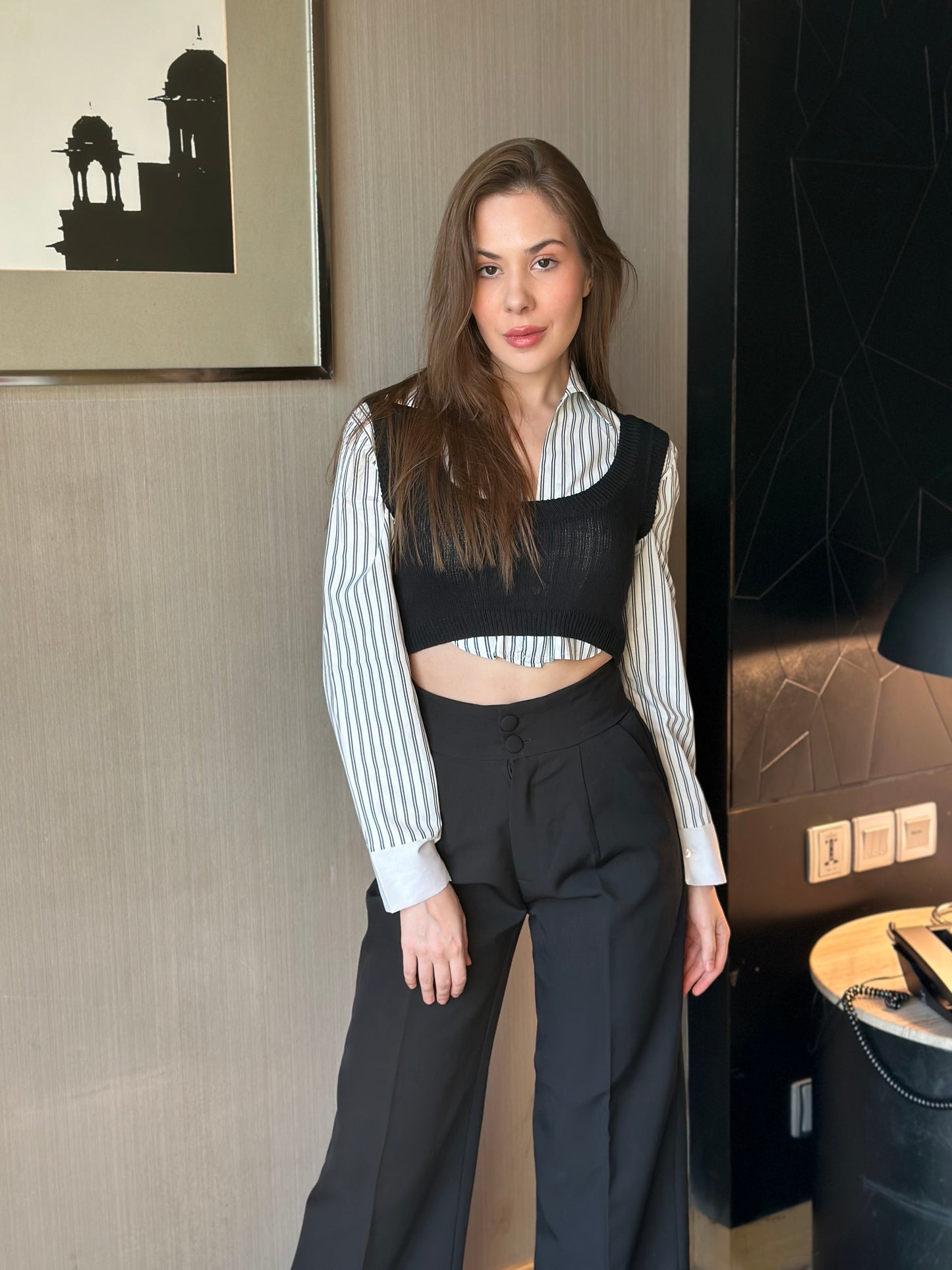 Clerical Cropped Shirt & Sweater Set