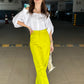 White Off-shoulder Shirt With Neon Yellow Pants