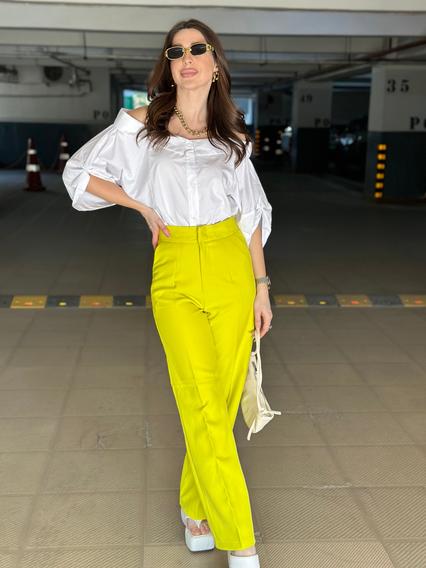 White Off-shoulder Shirt With Neon Yellow Pants