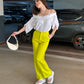 White Off-shoulder Shirt With Neon Yellow Pants