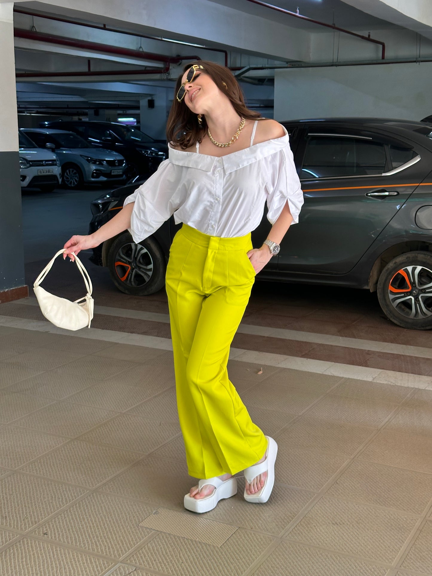 White Off-shoulder Shirt With Neon Yellow Pants