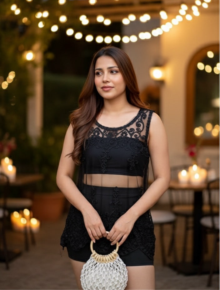 Mesh Embroidered Tunic Top With Skirt