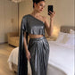Metallic Pleated Skirt With Flared One Side Top