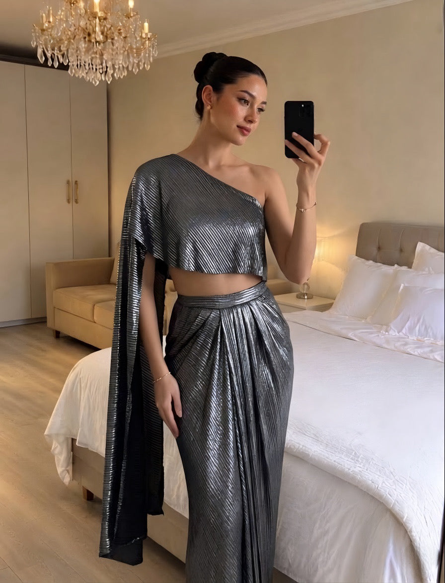 Metallic Pleated Skirt With Flared One Side Top