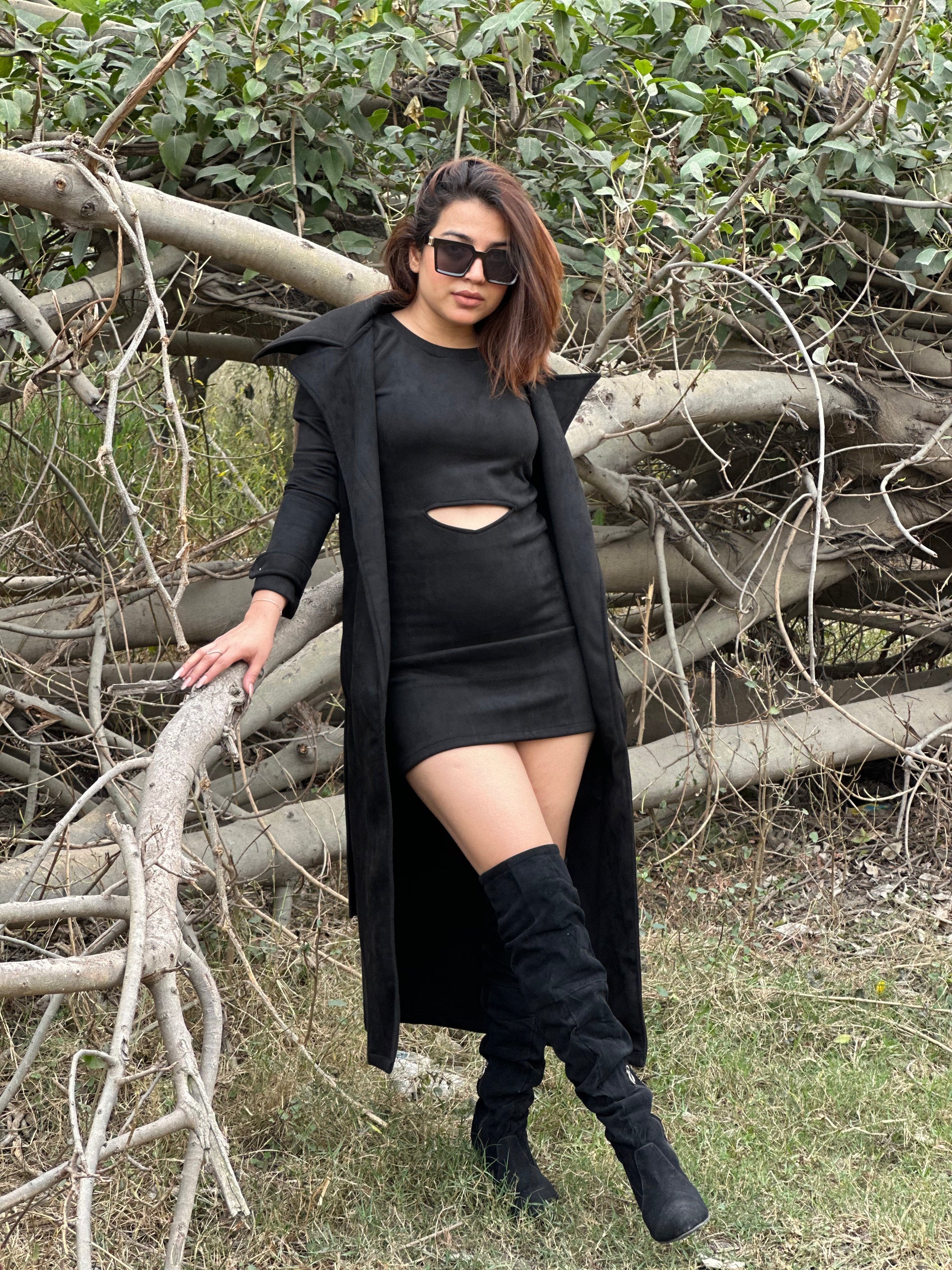 long black suede dress Black PrettyLittleThing Faux Suede Knot Drape Maxi Dress