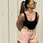 Black Bodysuit With Wide Leg Hot Pants/Shorts