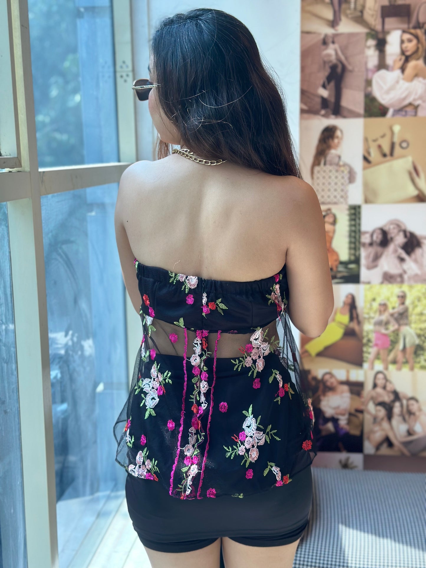 Mesh Floral Embroidered Padded Top