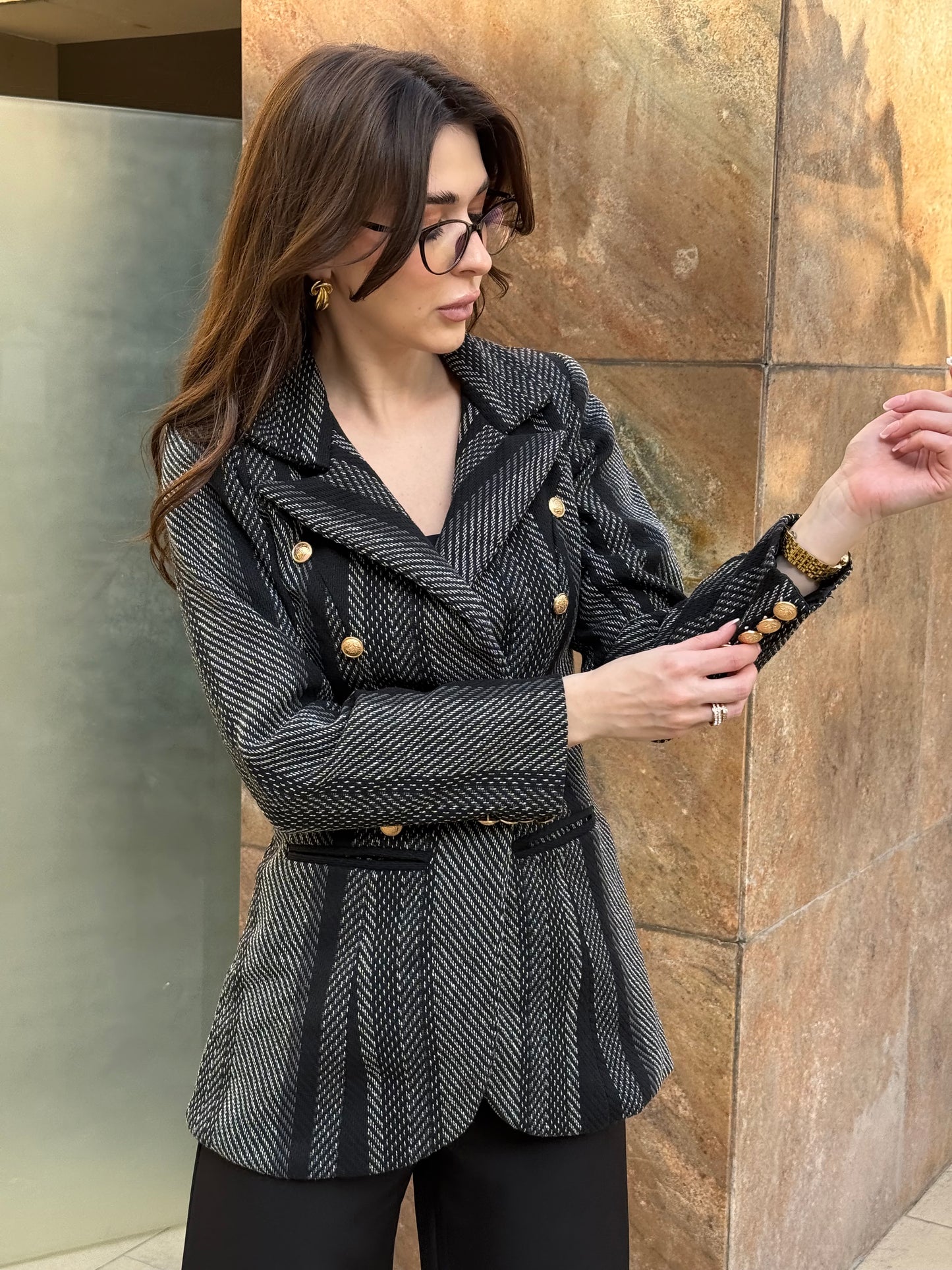 Tweed Long Sleeve Double Breasted Blazer
