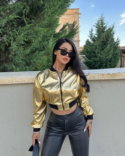 Metallic Crop Zipper Jacket