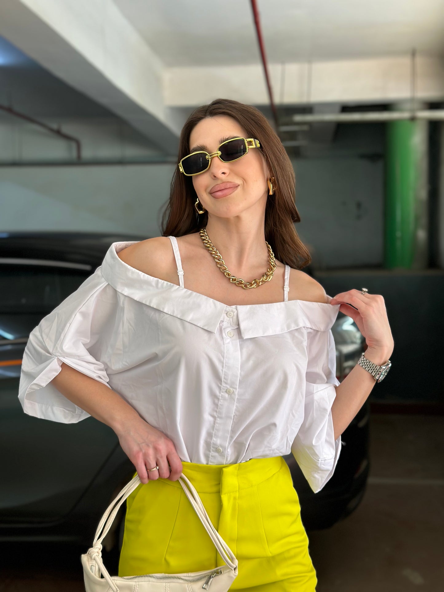 White Off-shoulder Shirt With Neon Yellow Pants