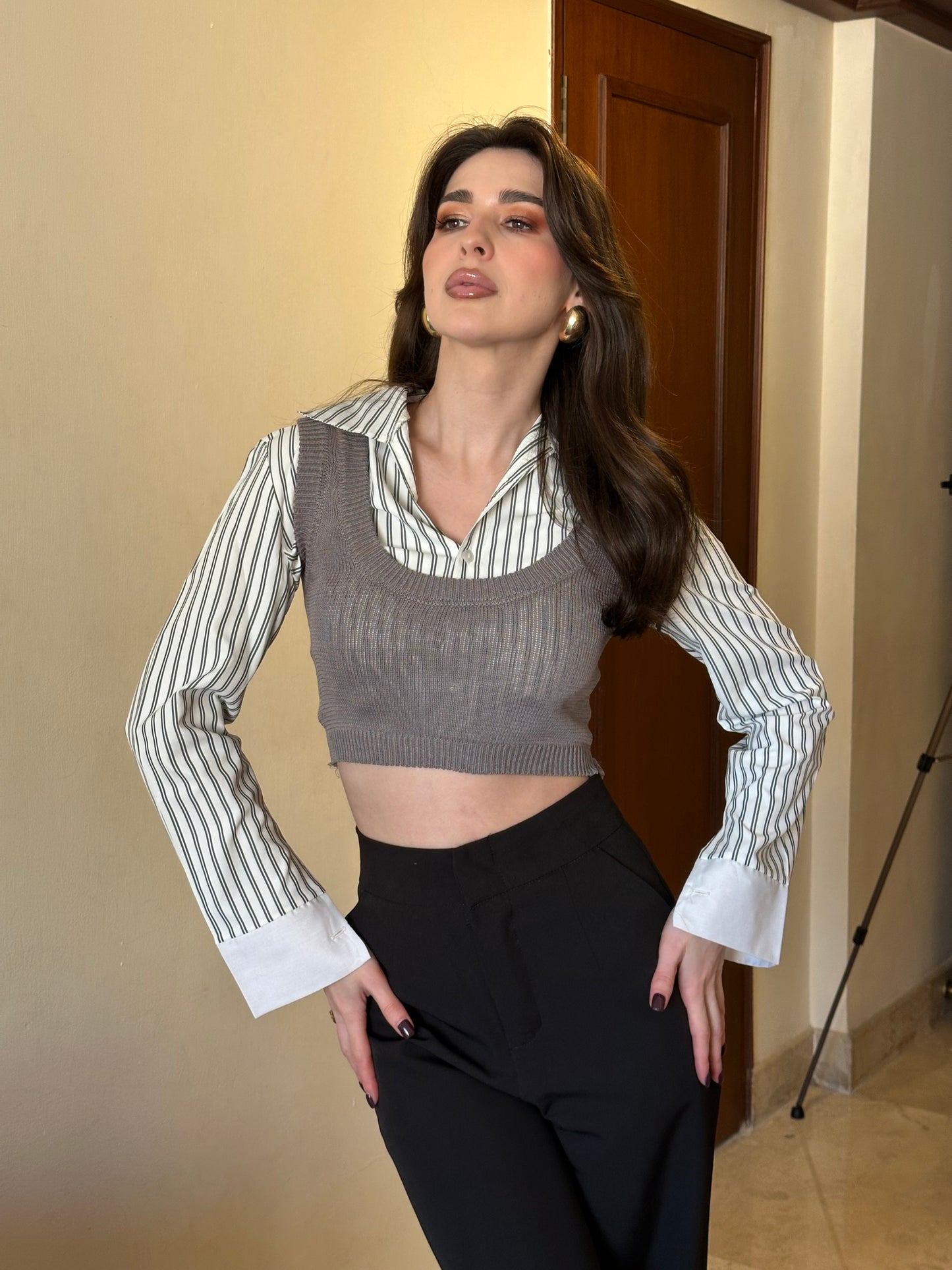 Clerical Cropped Shirt & Sweater Set