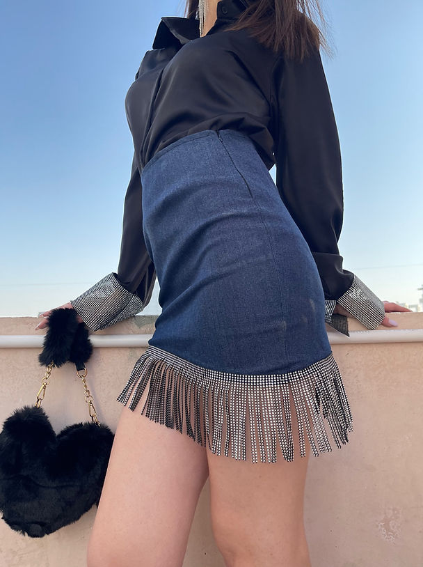 StyleAsh Rhinestone Tassel Denim Skirt