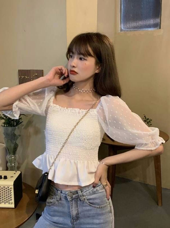 Smocked Cotton Chiffon Sleeve Top