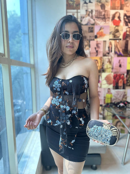 Mesh Floral Embroidered Top With Short Skirt