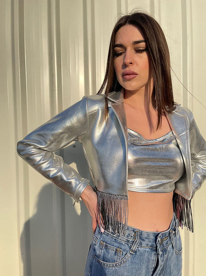 StyleAsh Silver Metallic Jacket With Crop Top