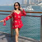 Red Floral Sleeve Slit Romper