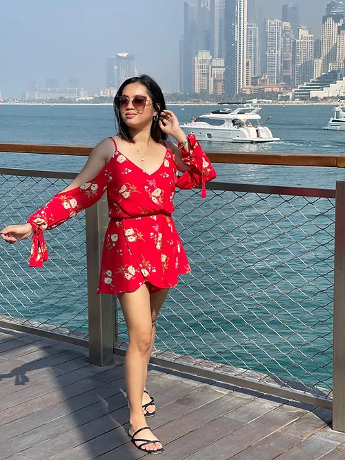 Red Floral Sleeve Slit Romper