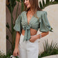 Puff Sleeve Olive Tie Front Crop Top