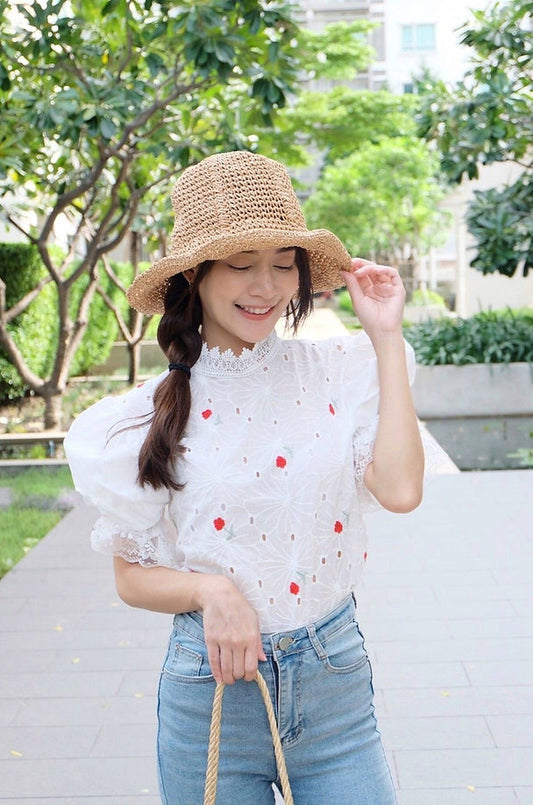 Lace High Neck Embroidered Eyelet Top