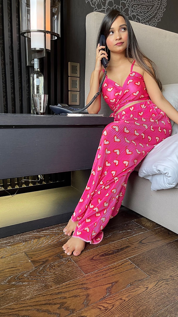 Printed Hearts Satin Plisse Co-ords