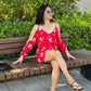 Red Floral Sleeve Slit Romper