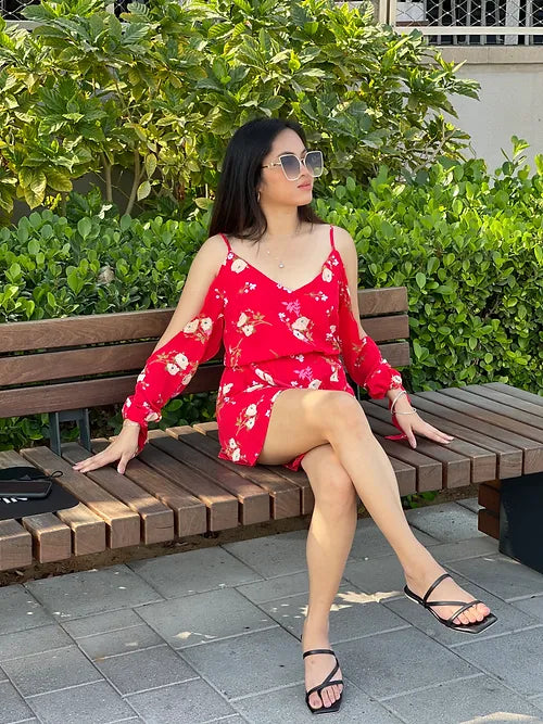 Red Floral Sleeve Slit Romper