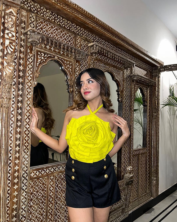 Combo Deal: Yellow Rose Halter Neck Top With Black Shorts