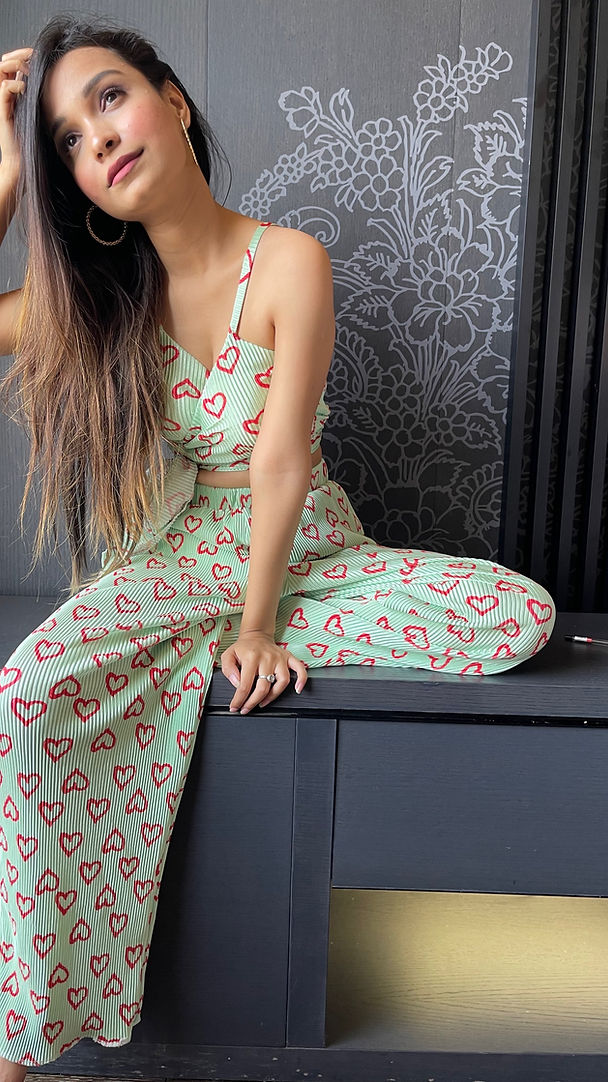 Printed Hearts Satin Plisse Co-ords