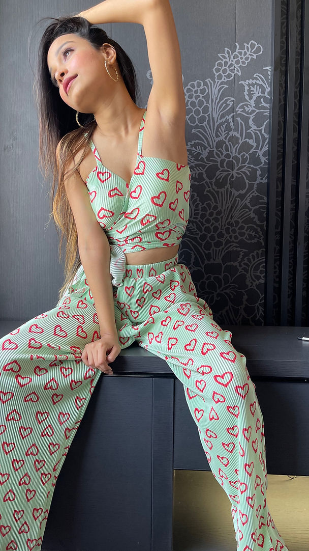 Printed Hearts Satin Plisse Co-ords
