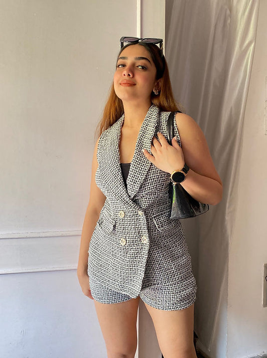 Tweed Sleeveless Double Breasted Blazer With Shorts