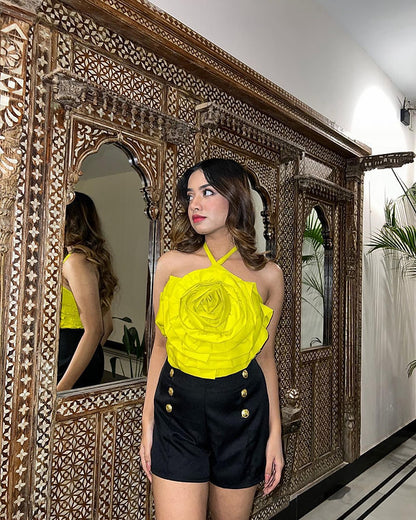 Combo Deal: Yellow Rose Halter Neck Top With Black Shorts