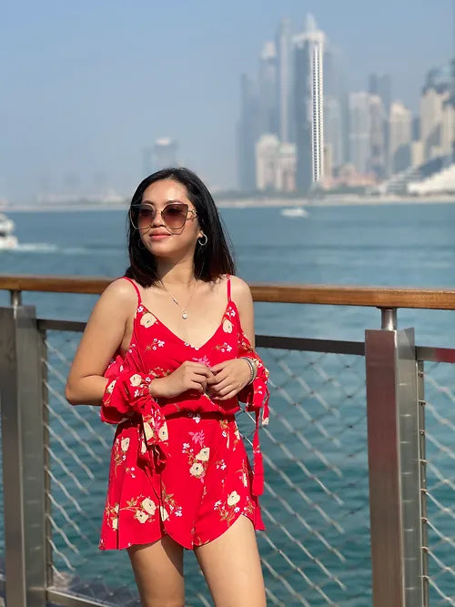 Red Floral Sleeve Slit Romper