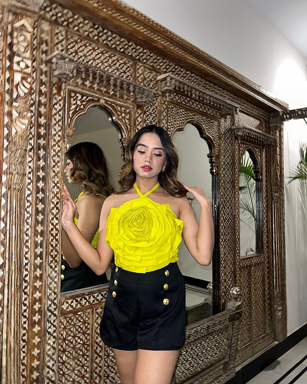 Combo Deal: Yellow Rose Halter Neck Top With Black Shorts