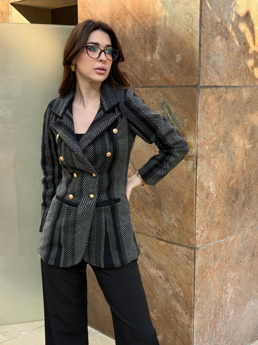 Tweed Long Sleeve Double Breasted Blazer