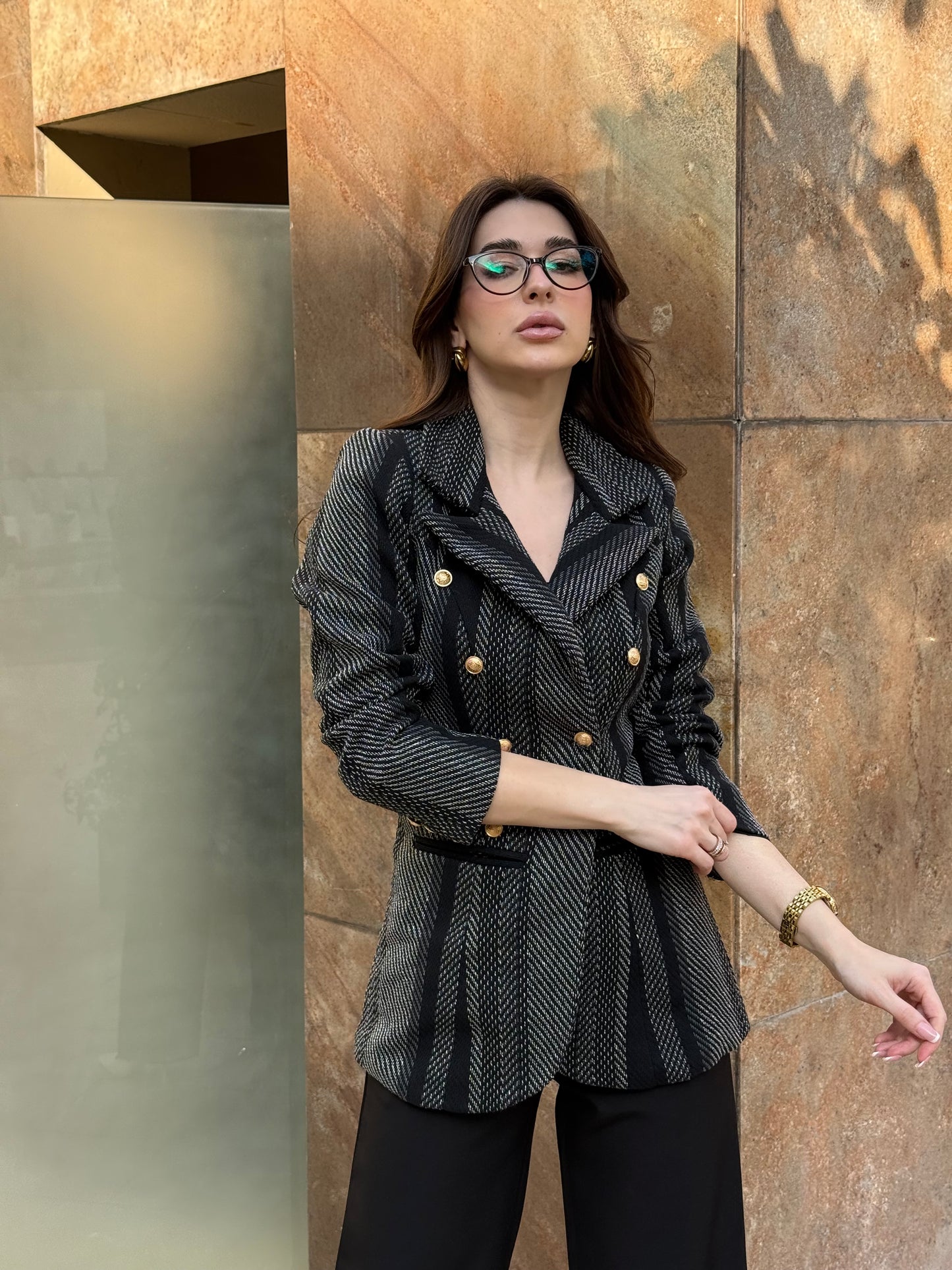 Tweed Long Sleeve Double Breasted Blazer