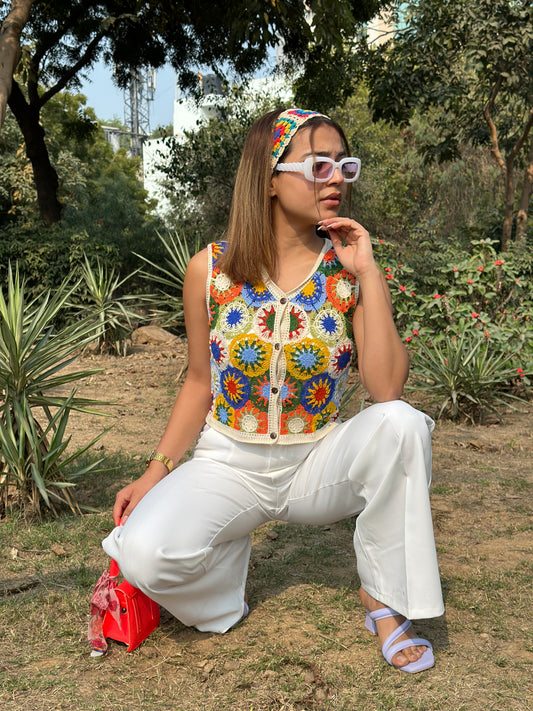 Crochet Vest With White Double Button Pants