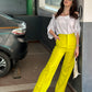 White Off-shoulder Shirt With Neon Yellow Pants