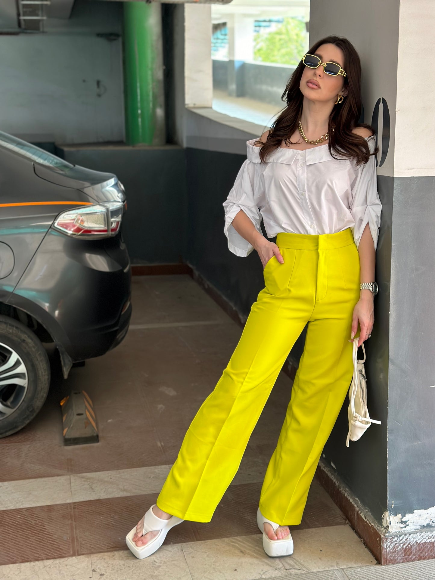 White Off-shoulder Shirt With Neon Yellow Pants