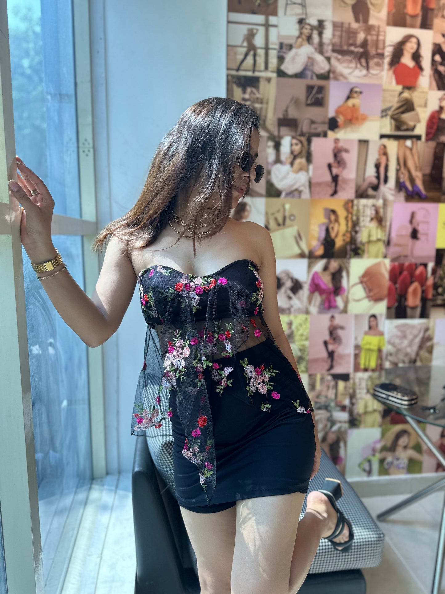 Mesh Floral Embroidered Padded Top